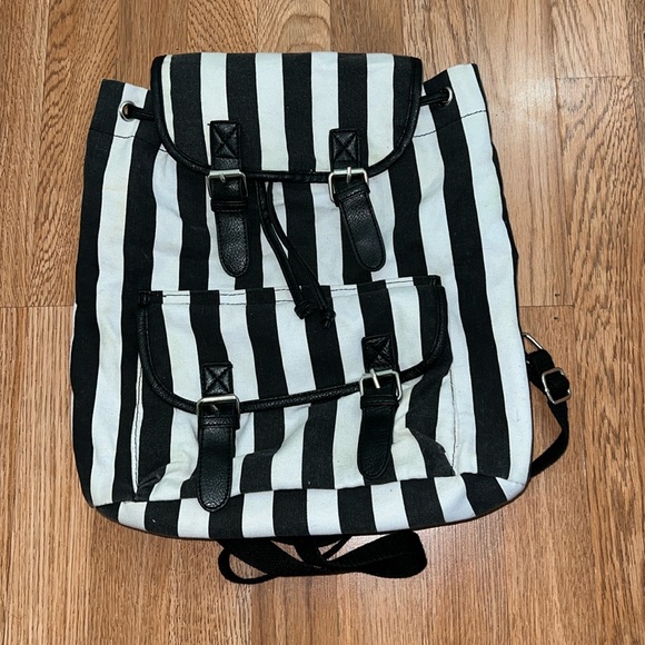Striped Cloth Backpack With Faux Leather Detailing - Picture 1 of 11
